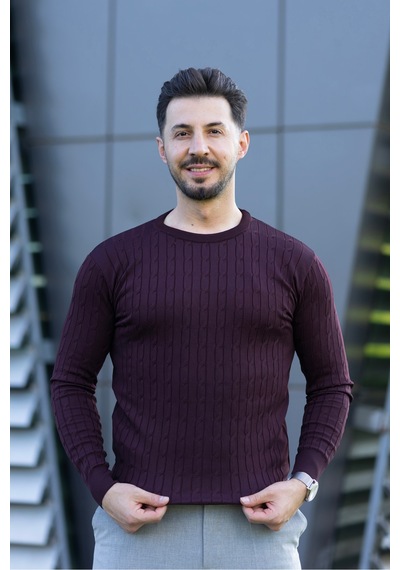 Hk Premium Triko Kazak Fitilli Slim Fit Bisiklet Yaka Likralı Kışlık Sweatshirt Bordo