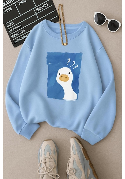 Benroma 3 İplik Penye Ördek Baskılı Unisex Sweatshırt Bebe Mavisi