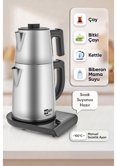 Teadem Vox Konuşan Dokunmatik Çay Makinesi Mama Suyu Hazırlama 1850w 1.7l Kettle 1.2l Demlik Inox
