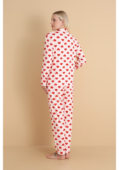 Wordex Mirano 9800 Şardonlu Soft Kışlık Düğmeli Kalp Desenli Kadın Pijama Takım Ekru