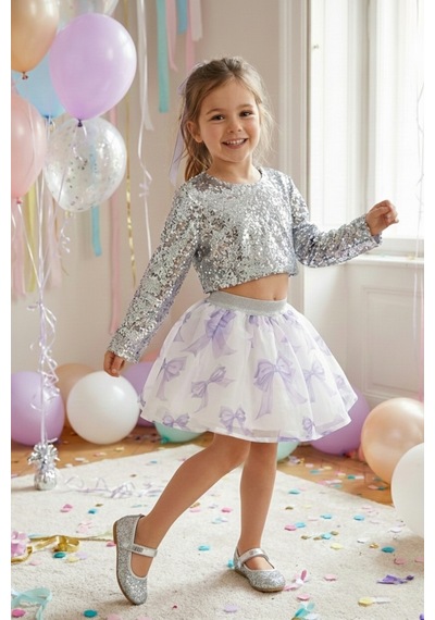 Le Mabelle Gümüş Uzun Kollu Pullu Kız Çocuk Crop Bluz Gümüş