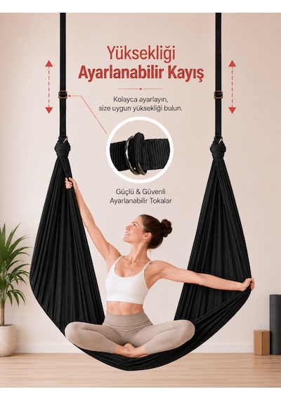 Yoga Hamağı Fly Salıncağı Yükseklik Ayarlanabilir Antigravity Esnek Askılı Denge Spor Aleti Pilates Fitness Denge Esneme Gerdirme Gelişim Siyah