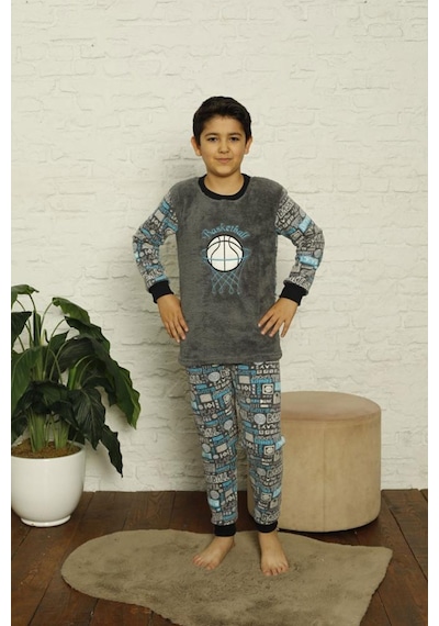 Pemilo Erkek Çocuk 1027 Desenli Polar Pijama Takımı Gri-gri 33799 - 1 Gri