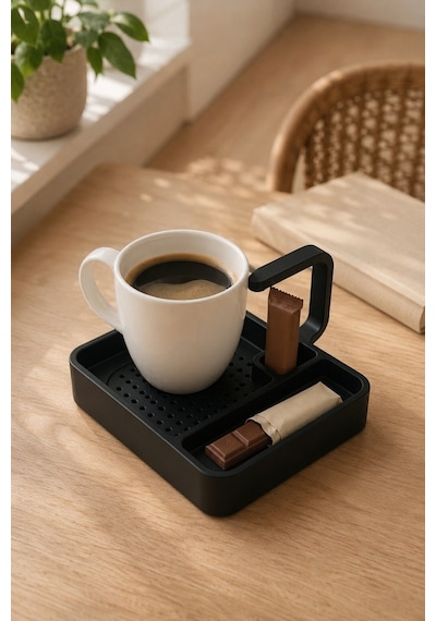 Kahve Sunum Tepsisi Çok Bölmeli Masa Üstü Organizer Kupa Fincan Standı Pla 12.5x11x7 Cm Siyah
