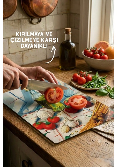 İtalyan Mutfak Desenli Cam Kesim Tahtası - 25x35cm -dayanıklı Ve Pratik Kesim Matı Çok Renkli