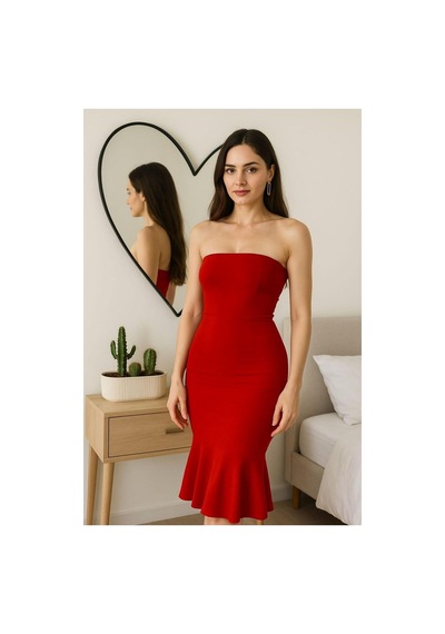 Store Straplez Volanlı Elbise Midi Abiye Saks - 935901522 Saks