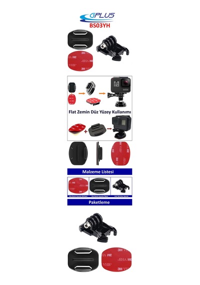 Gplus Bs02yh 3 Parça Flat Zemin Düz Yüzey Hızlı Tak Aksiyon Kamera 3m Yapışkanlı Motor Kask Bağlantı Seti Siyah
