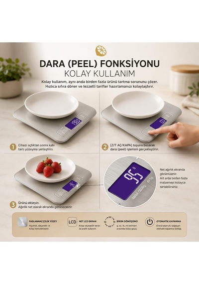 Healtcare Dijital Mutfak Terazisi - Paslanmaz Çelik Yüzeyli Hassas Mutfak Tartısı - Dara İşlevi, Led Ekran, 5 Biri Diğer