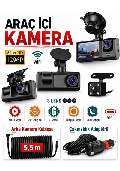 Araç İçi Kamera 1296p 3 Lens Cama Yapışan Model Ekranlı Geri Görüş Kamerası Video Kayıt 170 Derece Geniş Açı G-sensör Döngüsel Kayıt Hafıza Kart Takılabilir Gece Görüş