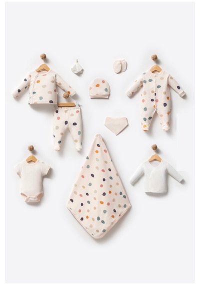By Bubbles Unisex Desenli 10'lu Hastane Çıkış Seti Ekru Puantiye