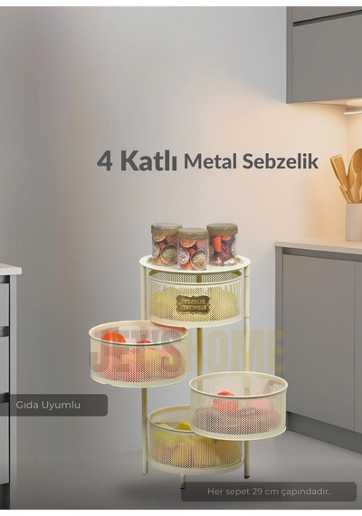 4 Katlı Sebzelik Açılır Metal Patates Soğan Sepeti Paslanmaz Meyvelik Organizer Sepet Krem Krem