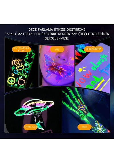 Uv Işıkta Parlayan Neon Yüz Ve Vücut Boya Kalemi Seti - 8 Renk Fosforlu Dıy Parti Kalemi Çok Renkli