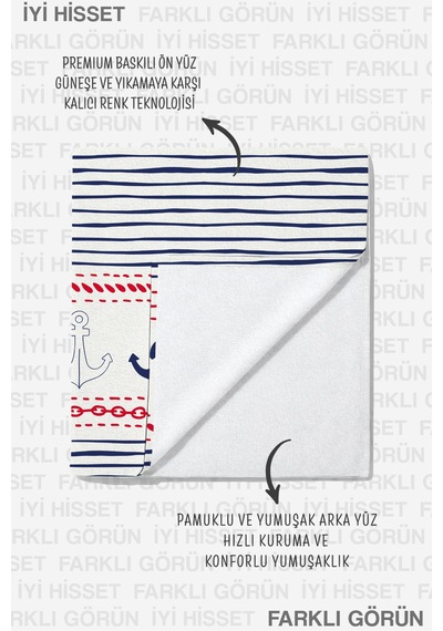 Çizgili Marine Çapa Plaj Havlusu - Lacivert Beyaz Nautical Tarz Hızlı Kuruyan Mikrofiber Havlu Örtü Kül Akasya