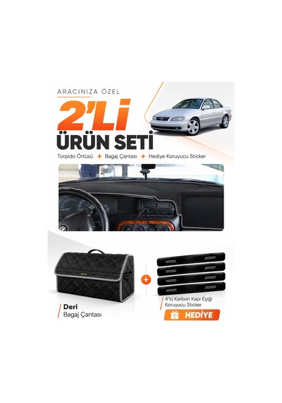 E-biz Opel Omega 1993-2003 Uyumlu Torpido Örtüsü + Deri Bagaj Çantası Seti - Siyah-gri - Op013