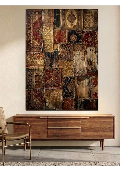 Patchwork Eskitilmiş Halı Desenleri Tablosu Dekoratif Kanvas - Mdf Ahşap Tablo Çok Renkli