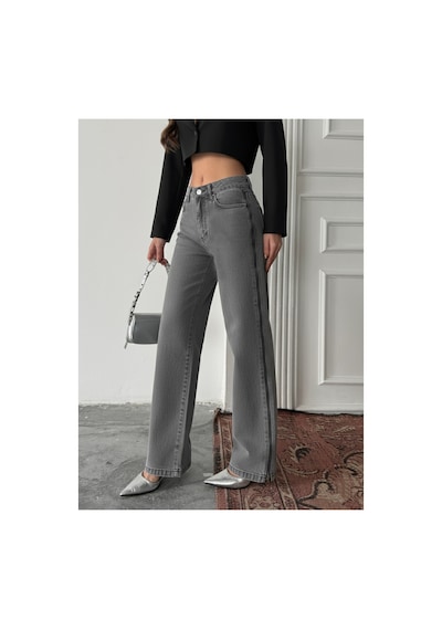 Blue Marlın Yan Fermuarlı Uzun Boyfriend Bol Paça Jeans Kar Siyah
