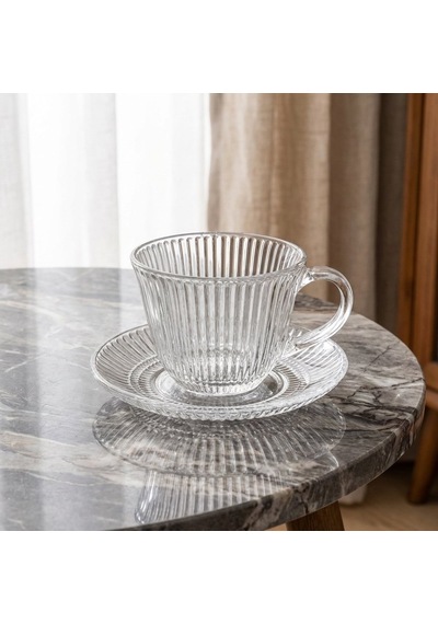 Kristal Çizgi Desen 6 Kişilik Tabaklı Lüks Cam Çay Fincan Takımı - 200 Ml. Şeffaf