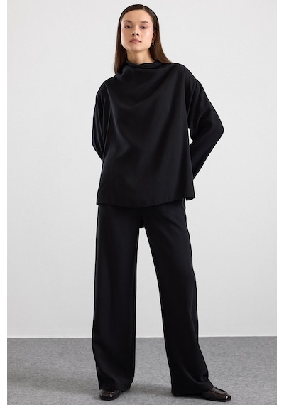 Olcay Degaje Yaka Oversize Pantolon Bluz İkili Takım Siyah 9483-tk