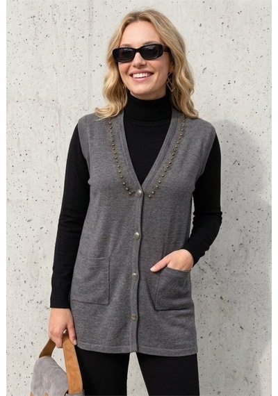 Onno Style Women Yakası Taşlı Çelik Örgü Triko Kadın Yelek Gri