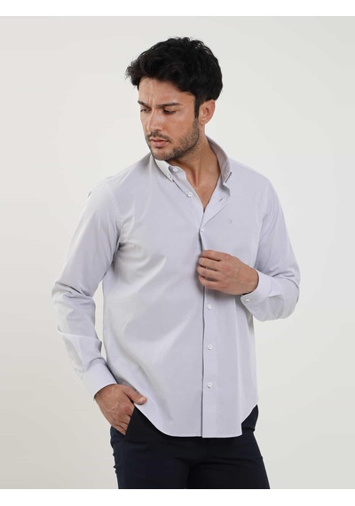 Dufy Gri Erkek Regular Fit Düz Brent Düğmeli Yaka Uzun Kol Gömlek - 102279-gri Gri