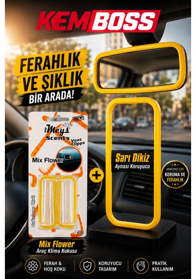 Kemboss Sarı Dikiz Aynası Koruyucu Ve Mix Flower Sarı Klima Kokusu 2'li Araç İçi Aksesuar Seti