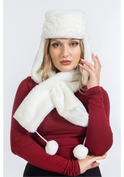 Ladycolor Peluş Kulaklı Pilot Şapka Atkılı Takım Beyaz Beyaz