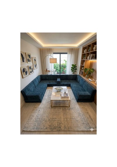 Premium Kadife Kumaş, Konforlu Yer Kanepesi ,modüler Şark Köşesi Takımı - Mavi- U Set