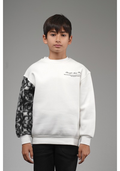 King-Brich Kingbrich Kids Bisiklet Yaka Kolu Garnili Baskılı Çocuk Sweatshirt Ekru