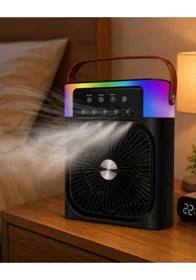 Hubrendy Tekno Rgb Işıklı Buharlı Masaüstü Fan Sessiz Çalışan Usb Şarjlı Taşınabilir Fan