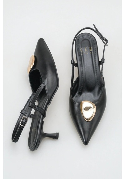 Sermoda Topuklu Kadın Ayakkabı - 5 Cm İnce Topuklu Sivri Burun Arka Açık Stiletto Ayakkabı Siyah