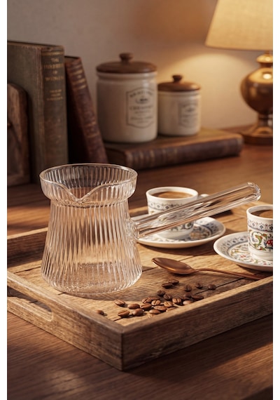 Isıya Dayanıklı Cam Cezve Çizgili 400 Ml, 10 Cm Yükseklik, Cam Türk Kahvesi Cezvesi