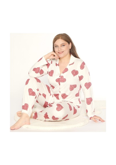 Boydan Düğmeli Battal Kalp Desen Uzun Kol Pijama Takım Mevsimlik Alperi B790-47 Bordo