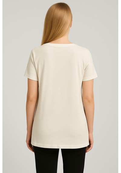 Axxel Kadın Krem Kısa Kollu Pamuklu Oversize Rahat Kesim T-shirt-d804-k