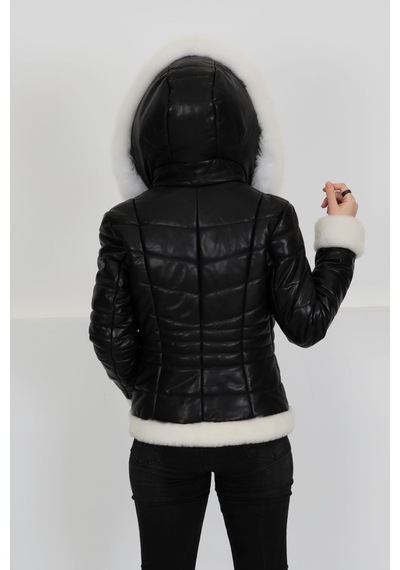 M M Marki Marki Siyah Özel Kürklü Şişme Hakiki Deri Mont, Kapüşonlu, 65 Cm, Fit Kesim, Kadın, Premium Dikiş Detaylı Siyah Deri - Beyaz Kürk