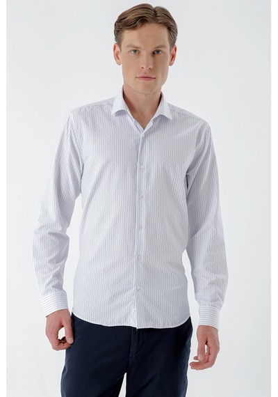 Morven Erkek Beyaz Trend Çizgili Panolu İtalyan Yaka Slim Fit Gömlek 24mc004014600 Beyaz