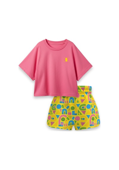 Haribo Lisanslı Geometrik Şortlu Kız Çocuk T-shirt Şort Takım Pembe