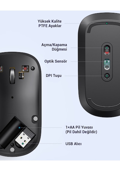 Ugreen 2.4ghz Sessiz Tuşlu Kablosuz Optik Mouse, Siyah, 90372 -