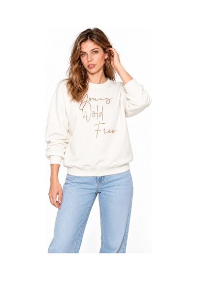 Mevese Kadın Parlak Taş Baskılı Salaş Kesim Üç İplik Sweatshirt - Beyaz