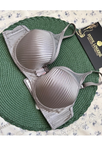 Evelyn Parlak Saten Çizgi Detaylı C Cup Balenli Desteksiz Önü Tül Gri