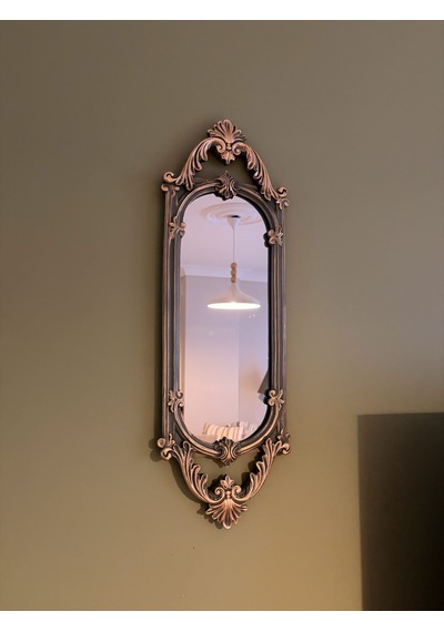 Kısa Oval Dekoratif Duvar Aynası Haki Yeşil & Eskitme Altın Yaldız 60x20 Cm Naturel