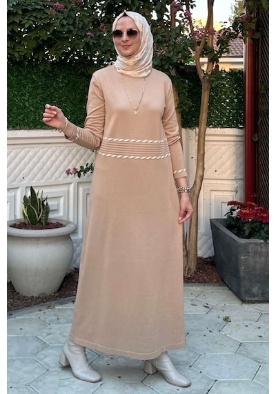 Rabia Şamlı Samanyolu Bej Triko Elbise Normal
