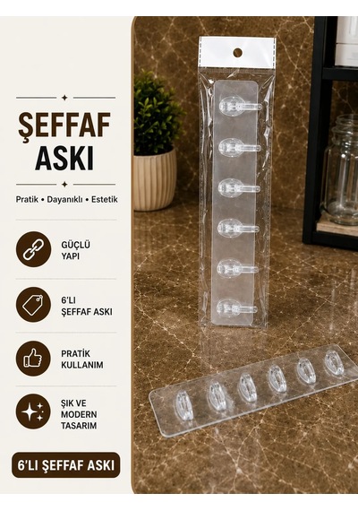 Kendinden Yapışkanlı 6'lı Şeffaf Askı Beyaz