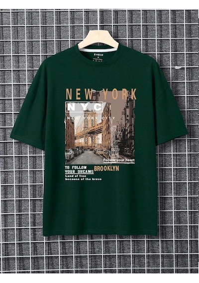 T-shirt - Nyc Baskılı Oversize Bisiklet Yaka Kısa Kol Tişört Yeşil