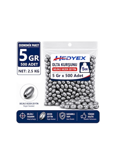 Hedyex 5 Gr 500 Adet 2.5 Kg Olta Kurşunu Delikli Gezer Zeytin