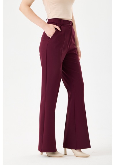 Velnara Moda Mürdüm İspanyol Paça Cepli Yüksek Bel Dokuma Kumaş Kadın Pantolon Bordo Mürdüm - 918305891 Bordo Mürdüm