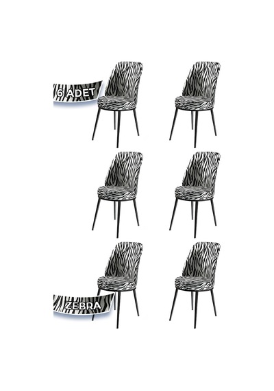 Canisa Concept Dexa Serisi, Üst Kalite Yemek Odası Sandalyesi, Metal Siyah Iskeletli, 6 Adet Zebra Desen Sandalye Zebra Desen Sandalye
