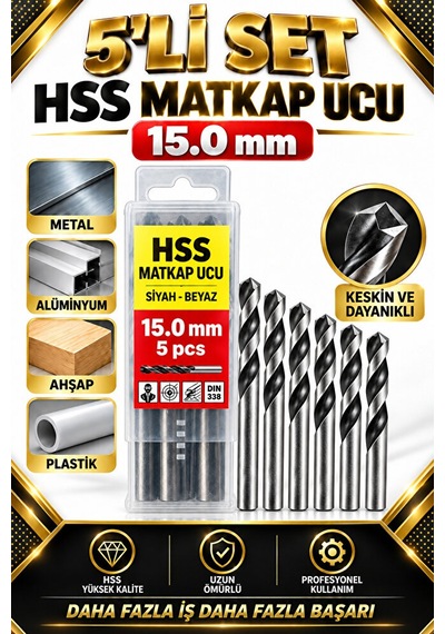 15 Mm Hss Matkap Ucu 5li Set Metal Alüminyum Ahşap Plastik Delme