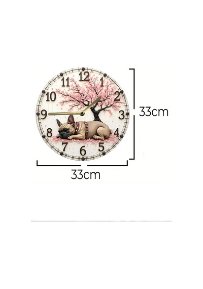 Sakura Ağacı Ve Fransız Bulldog Temalı Mdf Duvar Saati 33 Cm Sdw325 Renkli