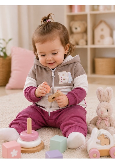 Babyhola Kız Erkek Fermuarlı Kapüşonlu Spor Tulum 12645 Kahve