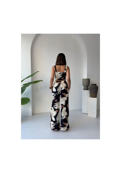 Evoa Kadın Magnolia Desenli Crop Ve Pantolon Takım Siyah Siyah